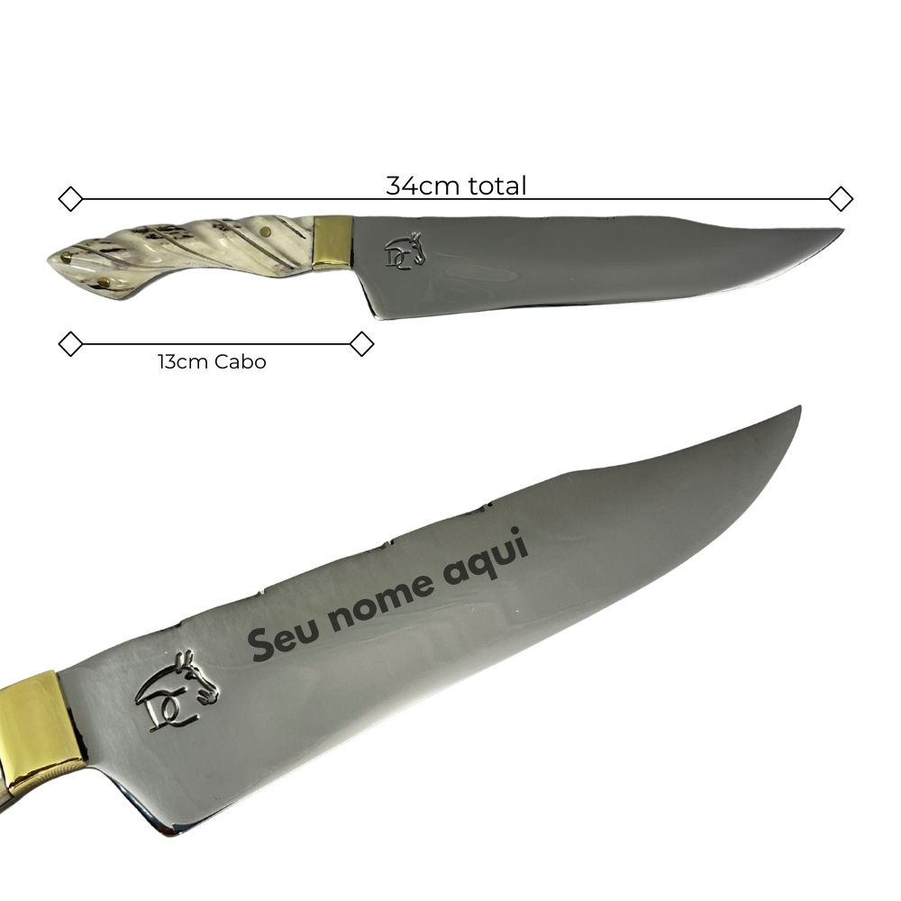 Faca Artesanal 8,5" - Cabo em Chifre de Cervo Natural - Guarda em Latão - Personalização Grátis
