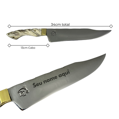 Faca Artesanal 8,5" - Cabo em Chifre de Cervo Natural - Guarda em Latão - Personalização Grátis