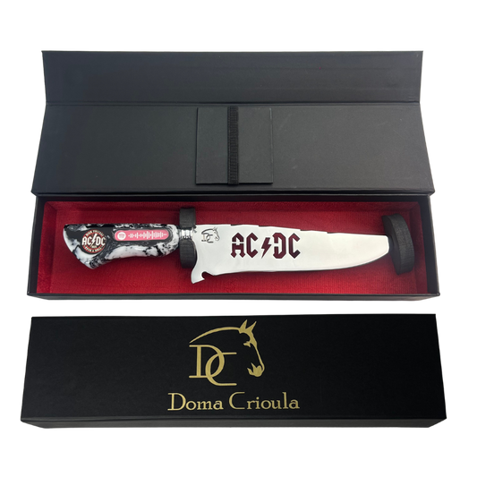 Faca Artesanal 8" AC/DC - Código Spotify Embutido - Cabo Resina Marmorizada - Coleção Rock Legends