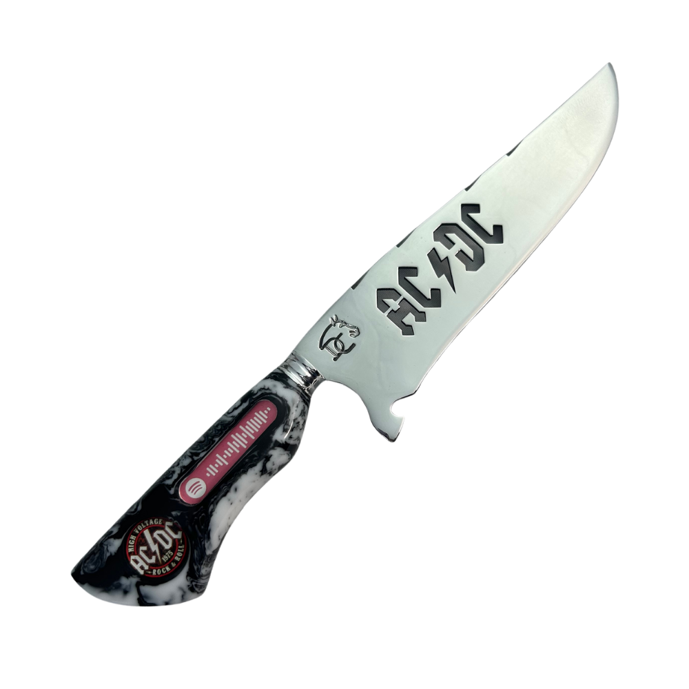 Faca Artesanal 8" AC/DC - Código Spotify Embutido - Cabo Resina Marmorizada - Coleção Rock Legends