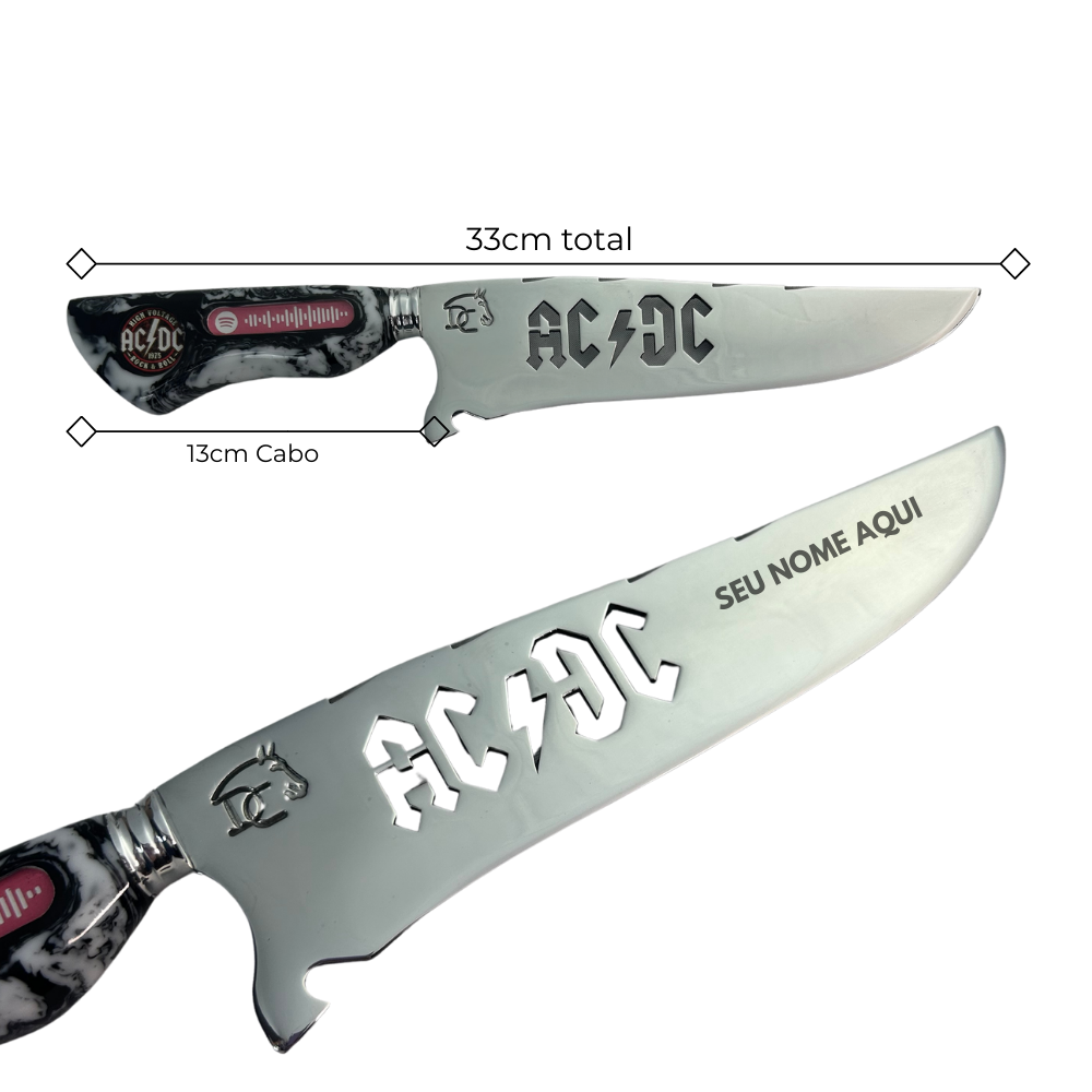 Faca Artesanal 8" AC/DC - Código Spotify Embutido - Cabo Resina Marmorizada - Coleção Rock Legends