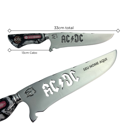 Faca Artesanal 8" AC/DC - Código Spotify Embutido - Cabo Resina Marmorizada - Coleção Rock Legends