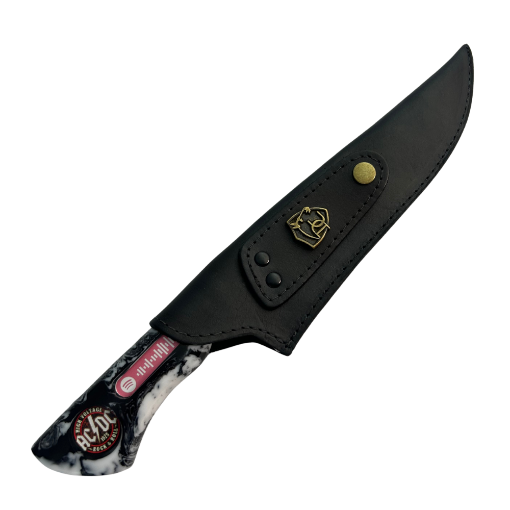 Faca Artesanal 8" AC/DC - Código Spotify Embutido - Cabo Resina Marmorizada - Coleção Rock Legends