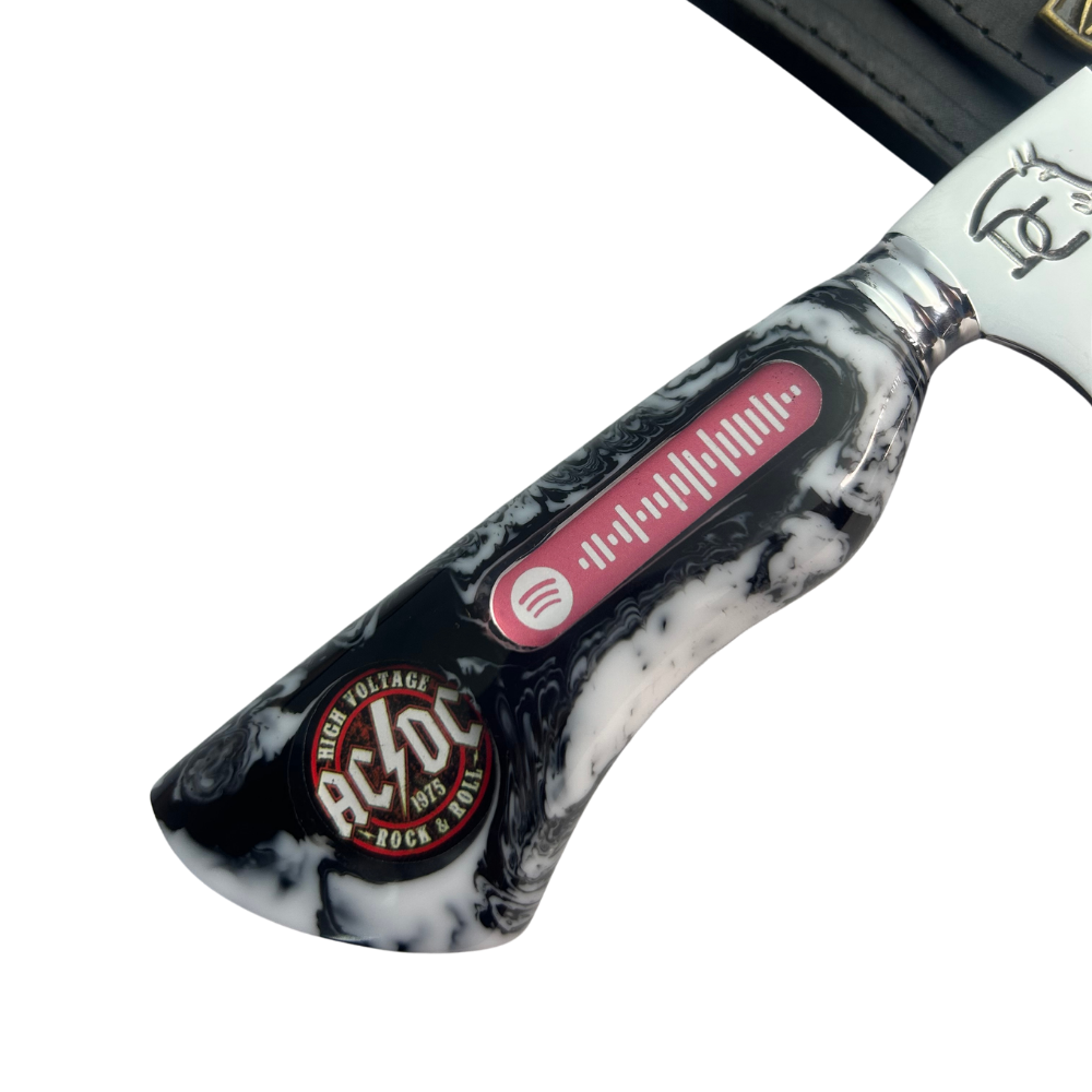 Faca Artesanal 8" AC/DC - Código Spotify Embutido - Cabo Resina Marmorizada - Coleção Rock Legends