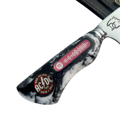 Faca Artesanal 8" AC/DC - Código Spotify Embutido - Cabo Resina Marmorizada - Coleção Rock Legends