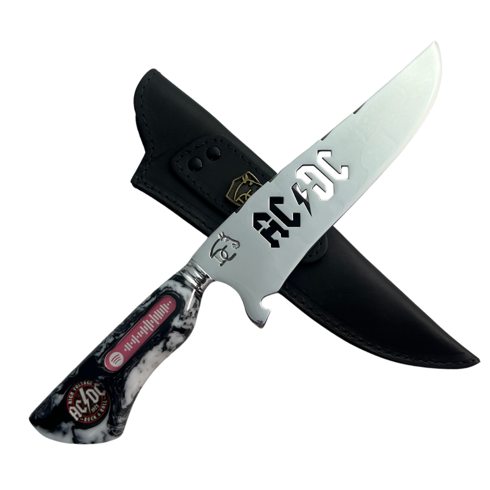 Faca Artesanal 8" AC/DC - Código Spotify Embutido - Cabo Resina Marmorizada - Coleção Rock Legends