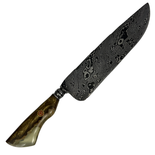 Faca Artesanal Damasco 12" - Cabo em Resina com Madeira Brilha no Escuro - Peça Única