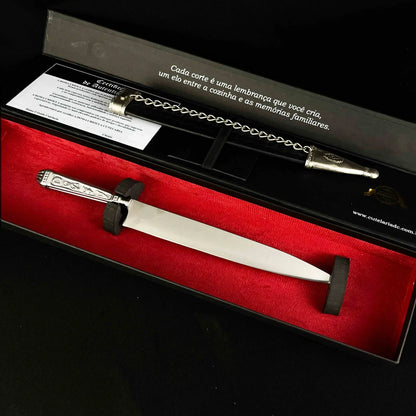 Faca Campeira Herança Gaúcha 9" Aço Inox 420C - Cabo Metal Bainha Couro Corrente