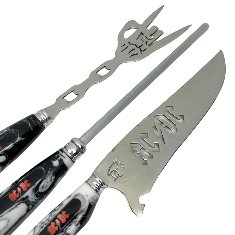 Kit AC/DC Premium - Faca 8", Garfo, Chaira e Taça Caveira em Resina - Edição Especial