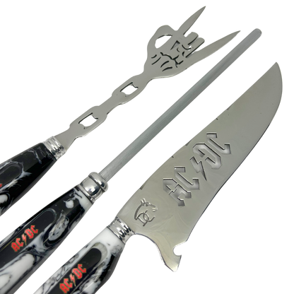 Kit AC/DC Premium - Faca 8", Garfo, Chaira e Taça Caveira em Resina - Edição Especial