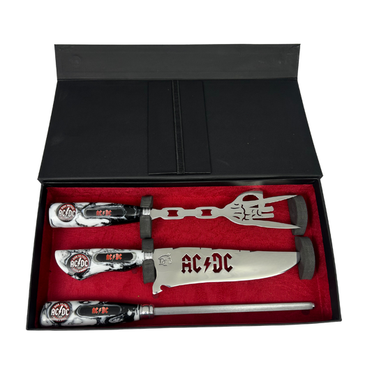 Kit Faca, Garfo e Chaira 8" AC/DC - Cabo Resina Personalizado