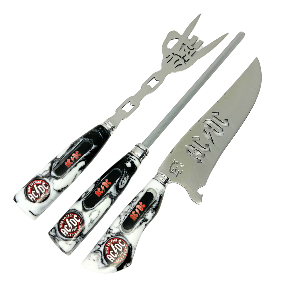Kit AC/DC Premium - Faca 8", Garfo, Chaira e Taça Caveira em Resina - Edição Especial