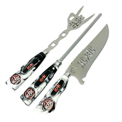 Kit AC/DC Premium - Faca 8", Garfo, Chaira e Taça Caveira em Resina - Edição Especial
