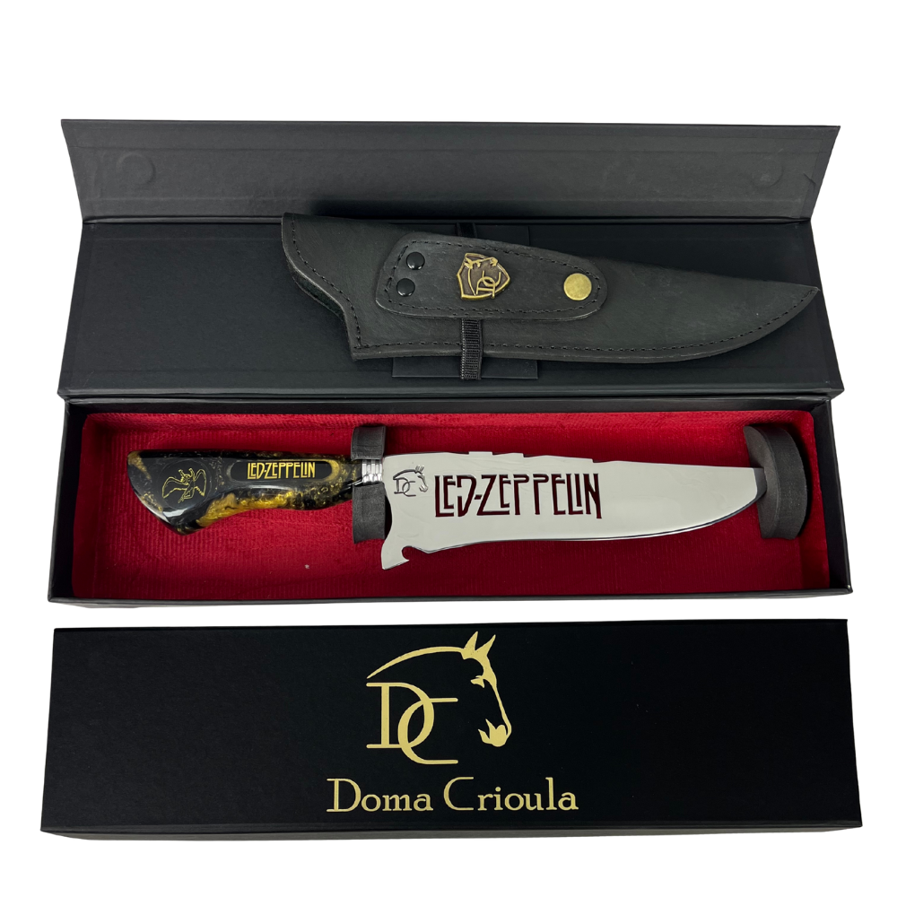 Faca Picanheira 8" Led Zeppelin - Cabo Resina Preta e Dourada