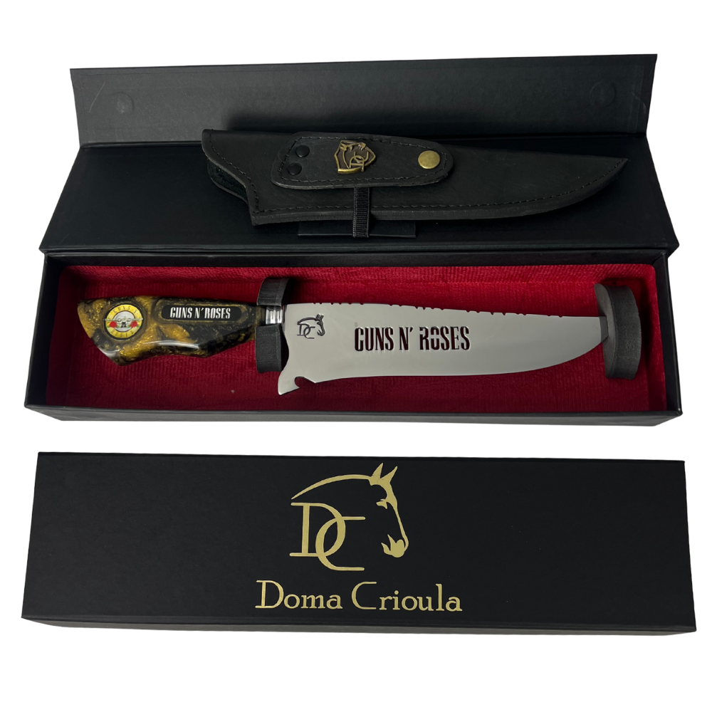 Faca Artesanal Guns N' Roses 8 Polegadas - Aço Inox com Bainha de Couro