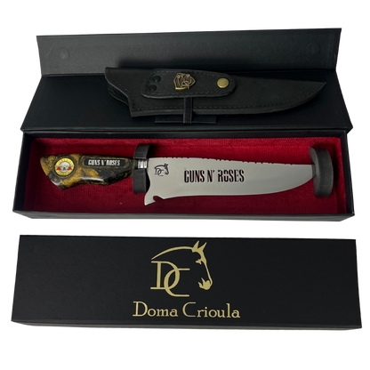 Faca Artesanal Guns N' Roses 8 Polegadas - Aço Inox com Bainha de Couro