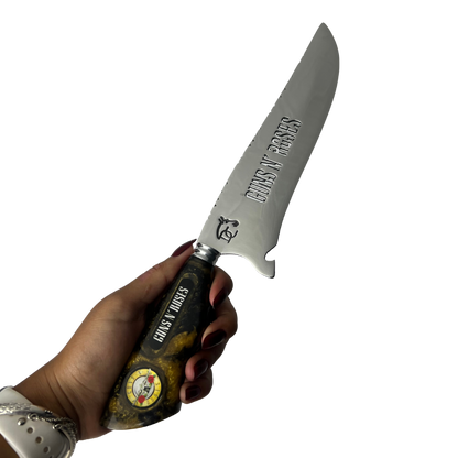 Faca Artesanal Guns N' Roses 8 Polegadas - Aço Inox com Bainha de Couro