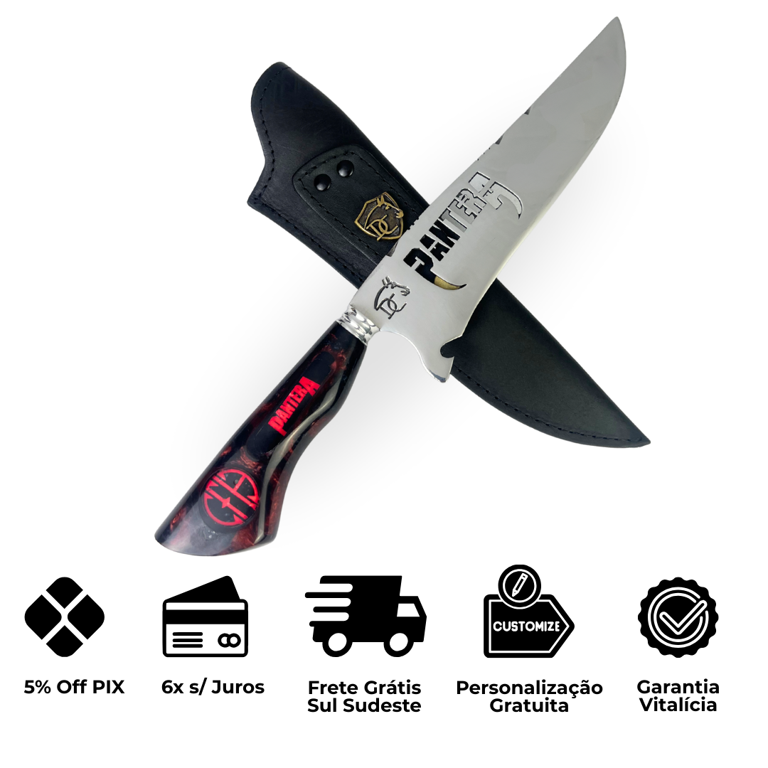Faca Pantera 8 Polegadas Preta e Vermelha | Lâmina Vazada | Cabo Resina