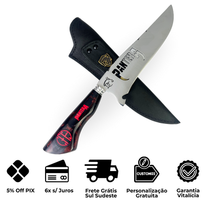 Faca Pantera 8 Polegadas Preta e Vermelha | Lâmina Vazada | Cabo Resina