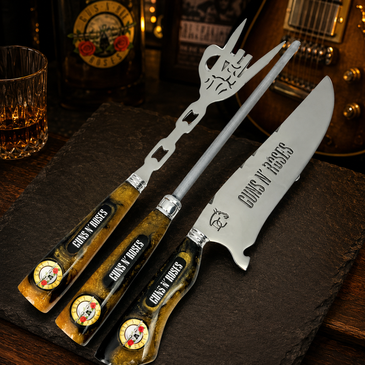 Kit Guns N' Roses – Faca 8″, Garfo e Chaira
