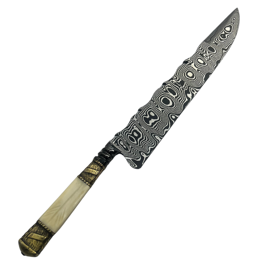 Faca Artesanal Aço Damasco - Cabo Osso com Latão Dourado - Padrão Aleatório - Peça Única Exclusiva