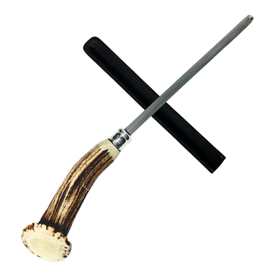 Chaira Profissional 8" (20cm) - Cabo Chifre de Cervo Legítimo - Haste Estriada - Afiador de Facas