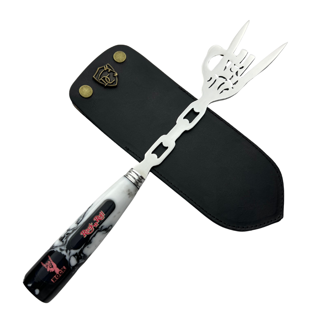 Garfo Artesanal Rock 'n' Roll - Aço Inox com Design Vazado - Cabo em Resina Marmorizada - Coleção Rock Legends