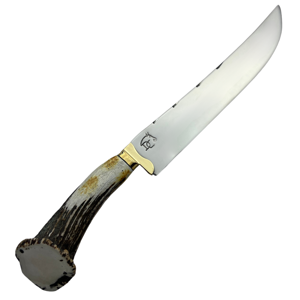 Faca Artesanal 10" - Lâmina Mosqueada 3mm - Cabo Chifre de Cervo Legítimo - Guarda em Latão - 42cm Total