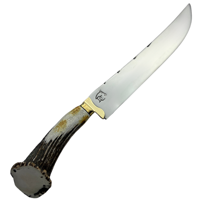 Faca Artesanal 10" - Lâmina Mosqueada 3mm - Cabo Chifre de Cervo Legítimo - Guarda em Latão - 42cm Total