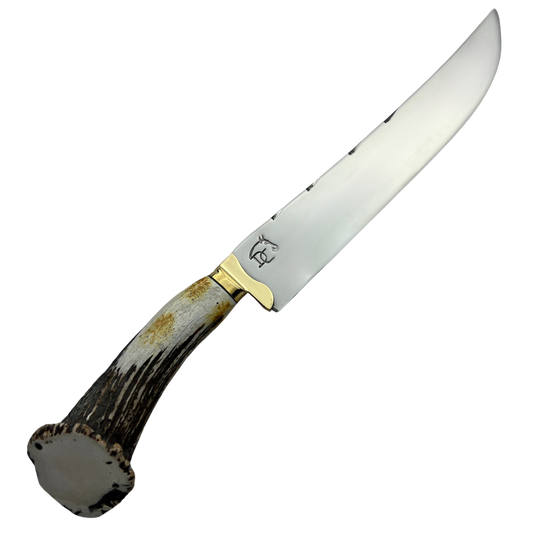 Faca Artesanal 10" - Lâmina Mosqueada 3mm - Cabo Chifre de Cervo Legítimo - Guarda em Latão - 42cm Total