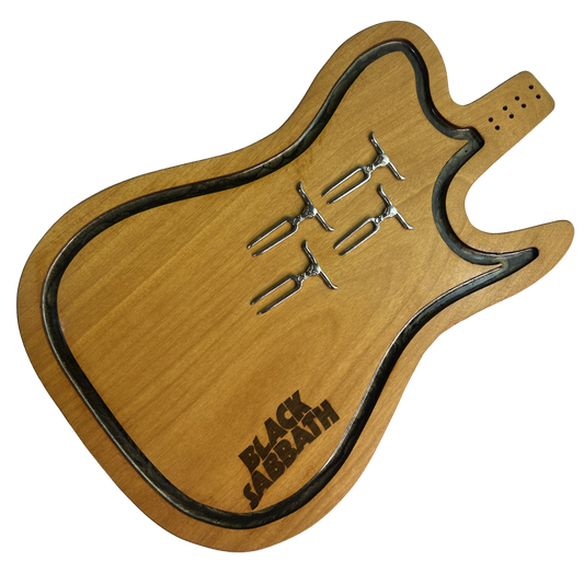 Tábua de Corte Artesanal Guitarra Black Sabbath - Madeira Nobre com Suporte Garfos - Coleção Rock Legends