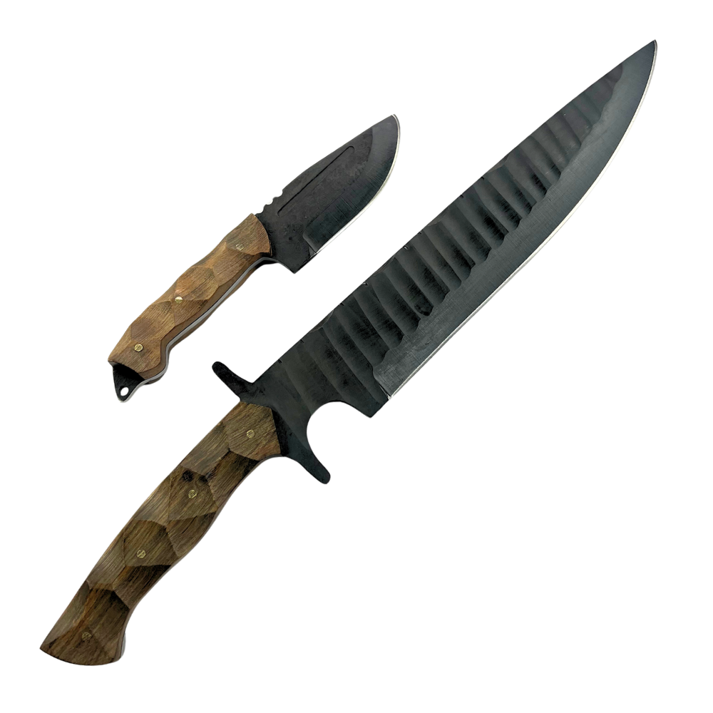 Kit 2 Facas Táticas Artesanais - Aço Carbono Full Tang - 11" e 4" - Cabo Madeira - Dorso 6mm