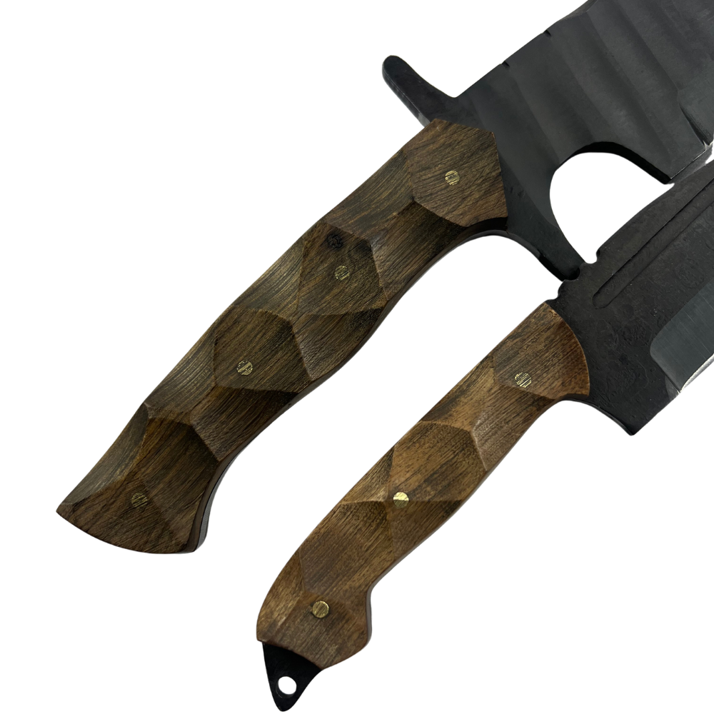 Kit 2 Facas Táticas Artesanais - Aço Carbono Full Tang - 11" e 4" - Cabo Madeira - Dorso 6mm