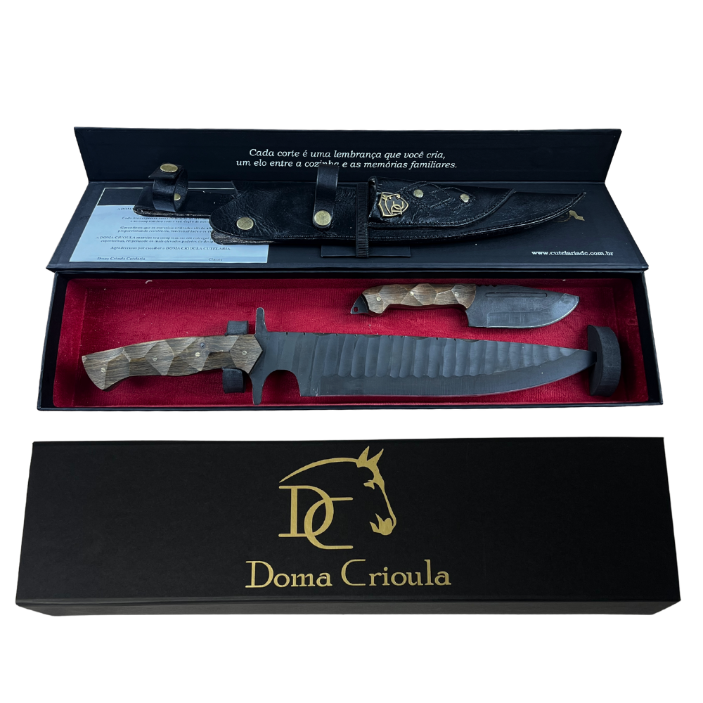 Kit 2 Facas Táticas Artesanais - Aço Carbono Full Tang - 11" e 4" - Cabo Madeira - Dorso 6mm