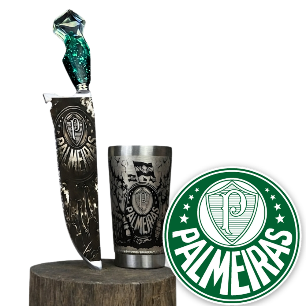 Kit Palmeiras - Faca 10" + Copo Térmico - Gravação a Laser 360° | Doma Crioula Cutelaria Artesanal