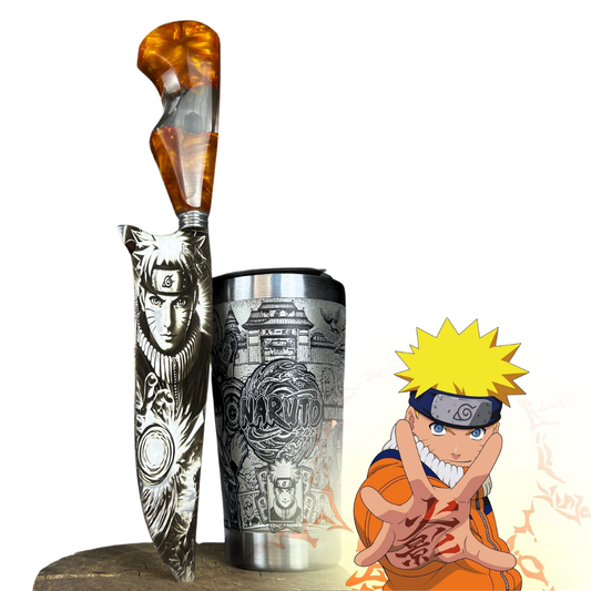 Kit Naruto - Faca 8" + Copo Térmico - Gravação a Laser 360° - Cabo Laranja Brilha no Escuro