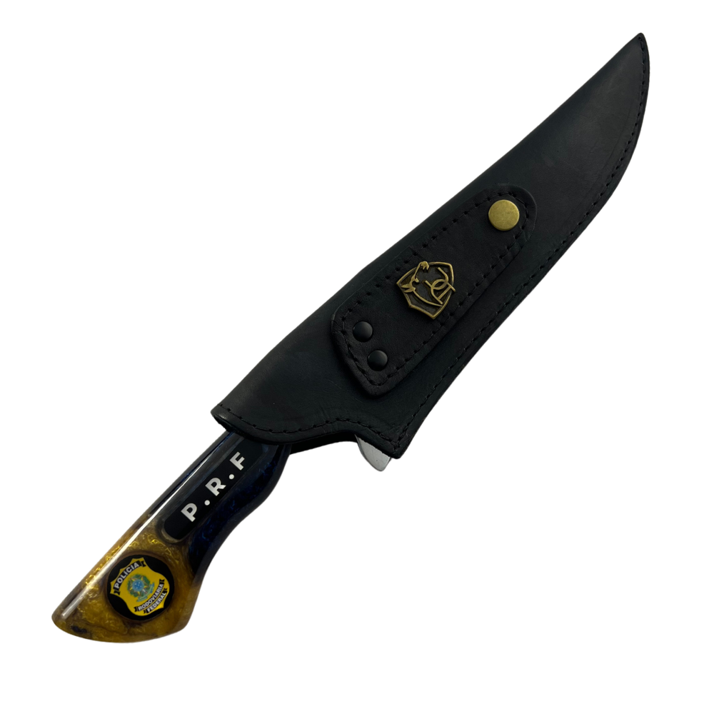 Faca Artesanal PRF - Polícia Rodoviária Federal - Cabo Resina - 33cm Total - Bainha Couro