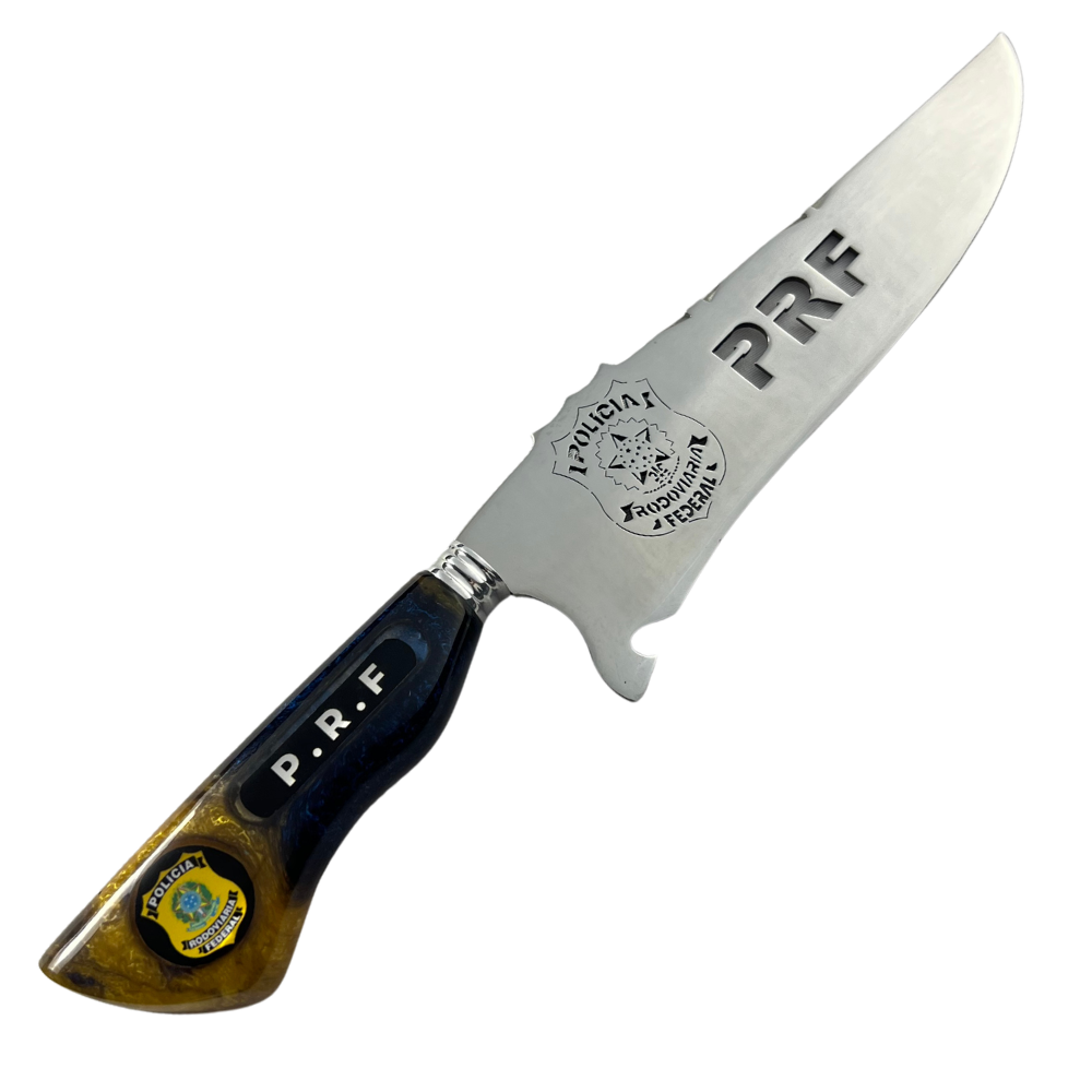 Faca Artesanal PRF - Polícia Rodoviária Federal - Cabo Resina - 33cm Total - Bainha Couro