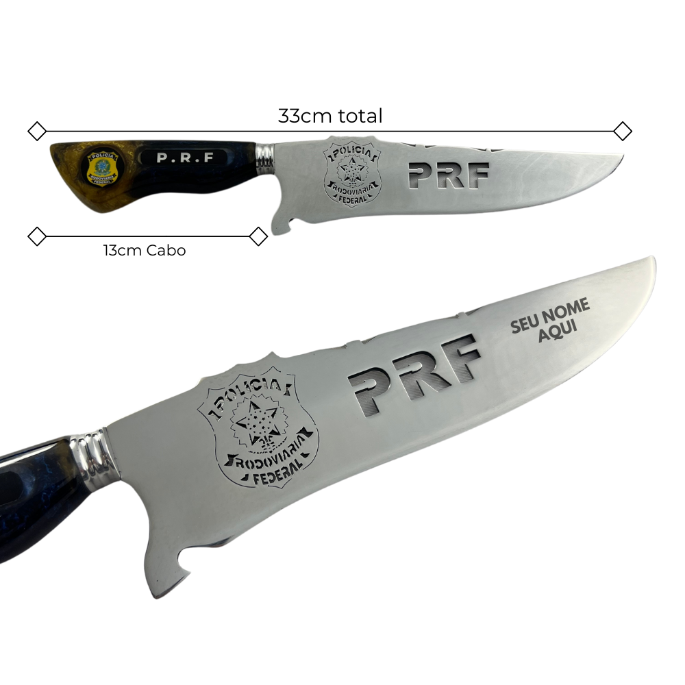 Faca Artesanal PRF - Polícia Rodoviária Federal - Cabo Resina - 33cm Total - Bainha Couro