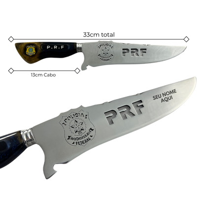 Faca Artesanal PRF - Polícia Rodoviária Federal - Cabo Resina - 33cm Total - Bainha Couro