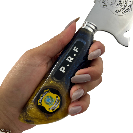 Faca de Churrasco Artesanal PRF - Polícia Rodoviária Federal - Cabo Resina - 33cm Total - Bainha Couro
