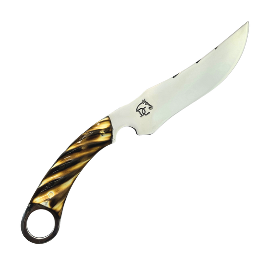 Faca Artesanal 8" Full Tang - Lâmina 3mm - Cabo Chifre de Cervo Trabalhado - Detalhes Maçarico - Guarda Circular Aço