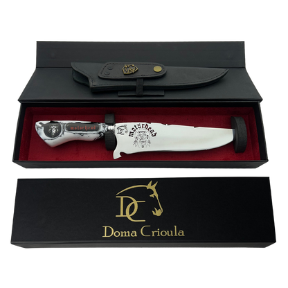 Faca Artesanal Motörhead - Cabo Marmorizado Branco e Preto - Logo Lemmy Gravado - 33cm Total - Modelo 2 | Doma Crioula Cutelaria Artesanal