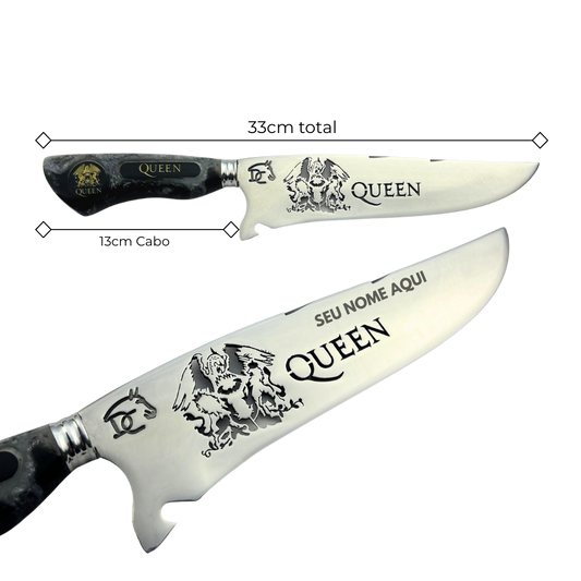 Faca Artesanal Queen - Cabo Resina - Gravação Logo - 33cm Total - Bainha Couro - Coleção Rock Legends