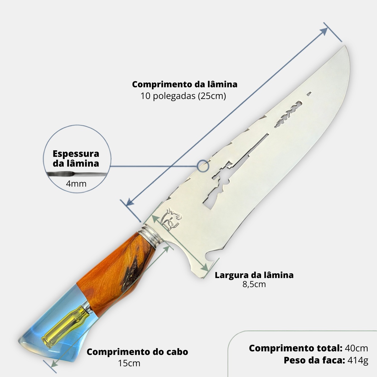 Faca Sniper 10" resina azul – medidas